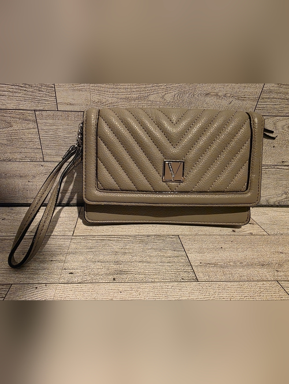 Victoria's Secret Taupe Chevron Quilted Wristlet Clutch